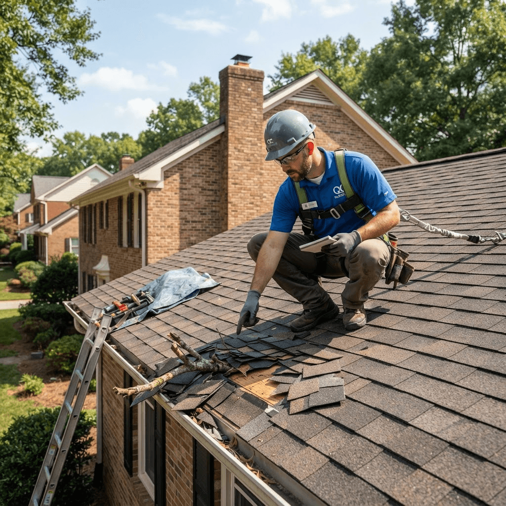Professional assessment for fallen tree roof damage on a Charlotte home