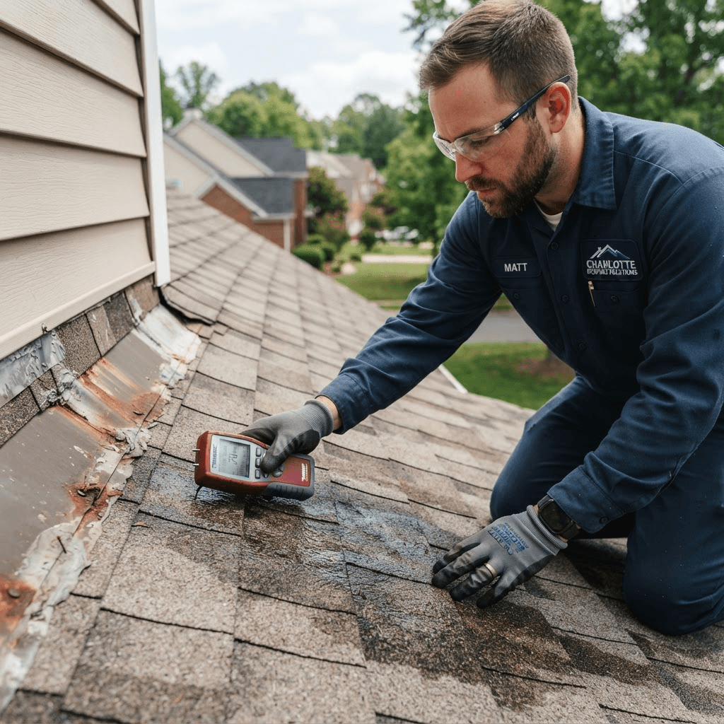 Professional assessment for roof leak repair on a Charlotte home