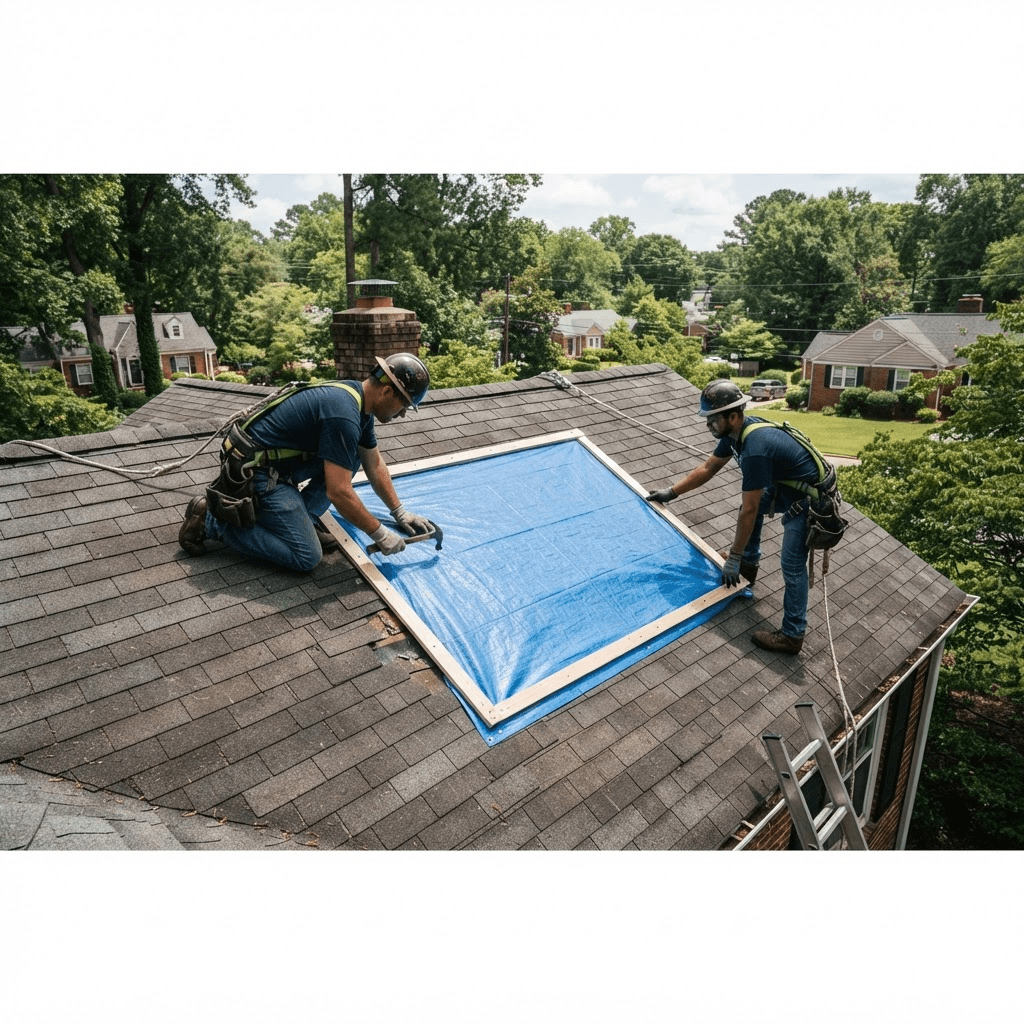 Professional assessment for roof tarping on a Charlotte home