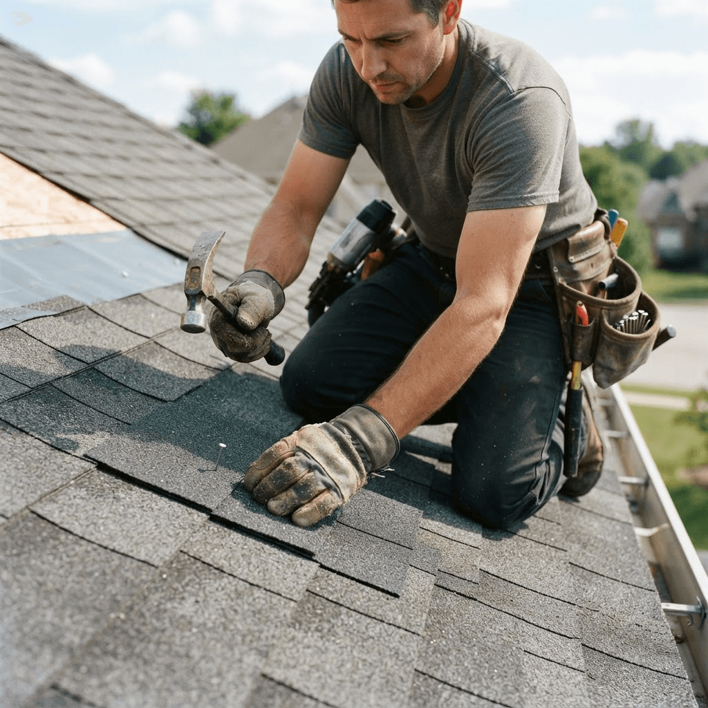 Roofing professional repairing residential shingles